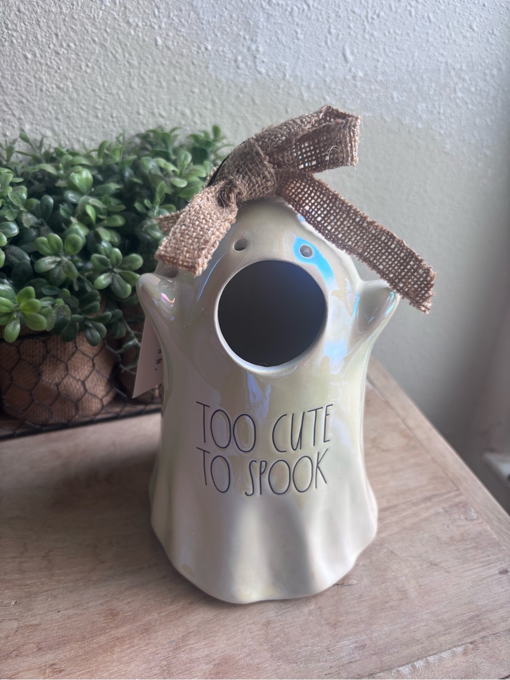 Rae Dunn Iridescent Cream Ghost Vase with Burlap Bow